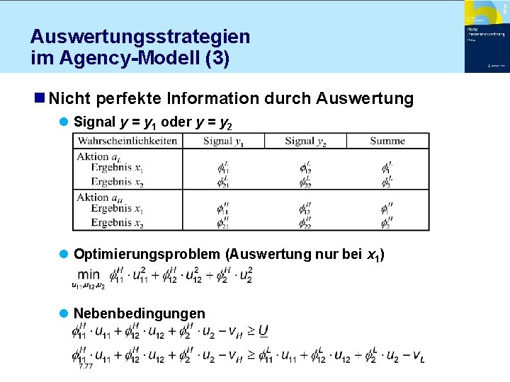 Auswertungsstrategien im Agency-Modell (3) n Nicht perfekte Information durch Auswertung l Signal y =