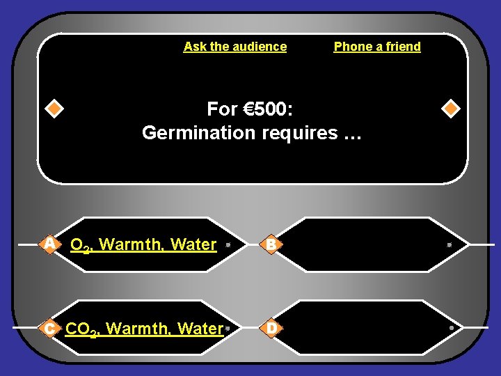 Ask the audience Phone a friend For € 500: Germination requires … A O