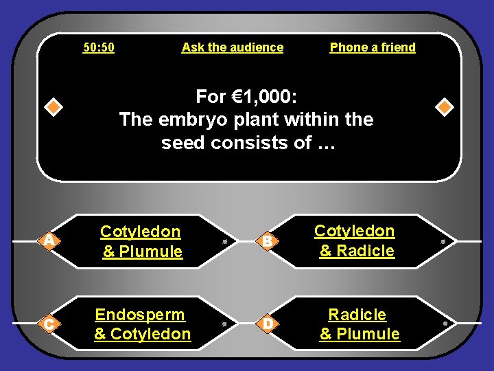 50: 50 Ask the audience Phone a friend For € 1, 000: The embryo