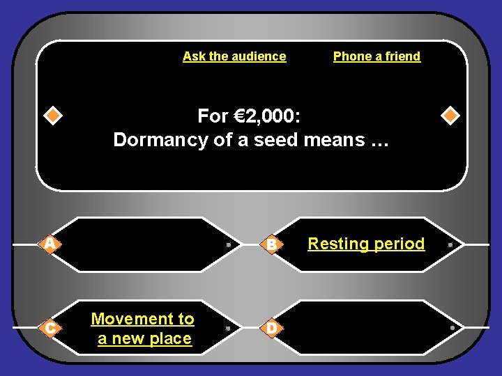 Ask the audience Phone a friend For € 2, 000: Dormancy of a seed