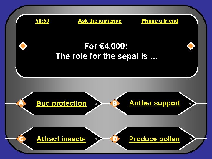 50: 50 Ask the audience Phone a friend For € 4, 000: The role