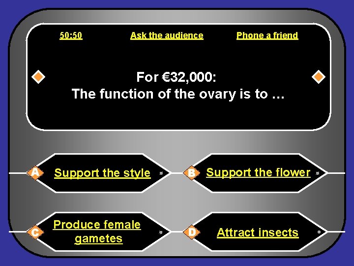 50: 50 Ask the audience Phone a friend For € 32, 000: The function