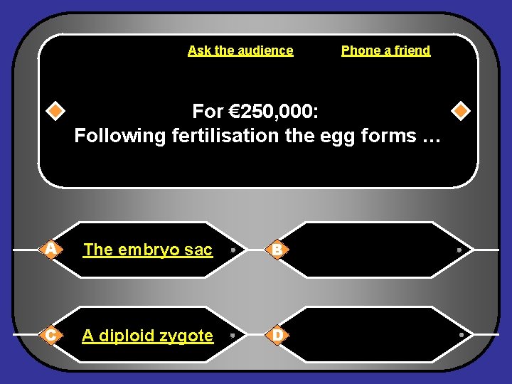 Ask the audience Phone a friend For € 250, 000: Following fertilisation the egg