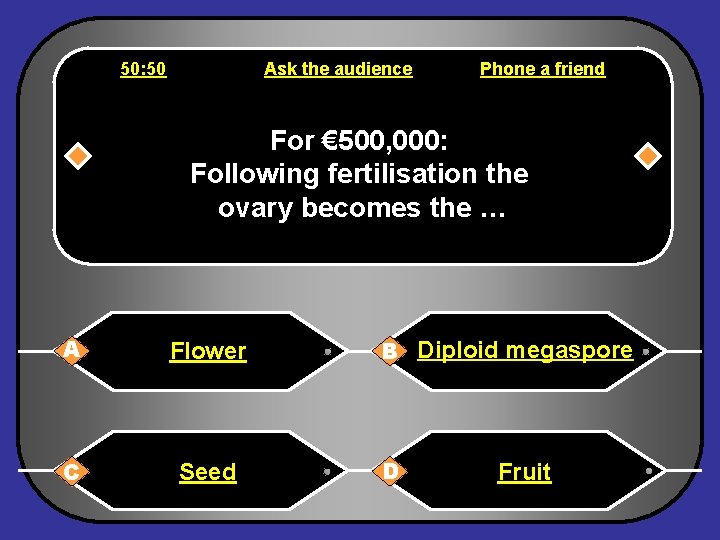 50: 50 Ask the audience Phone a friend For € 500, 000: Following fertilisation