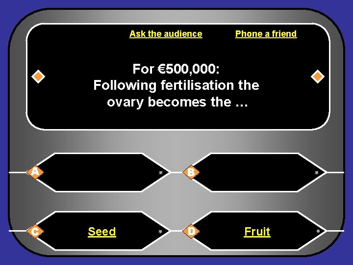 Ask the audience Phone a friend For € 500, 000: Following fertilisation the ovary