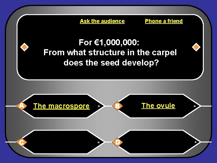 Ask the audience Phone a friend For € 1, 000: From what structure in