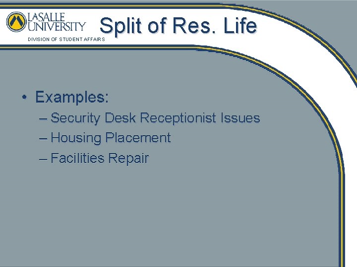 Split of Res. Life DIVISION OF STUDENT AFFAIRS • Examples: – Security Desk Receptionist