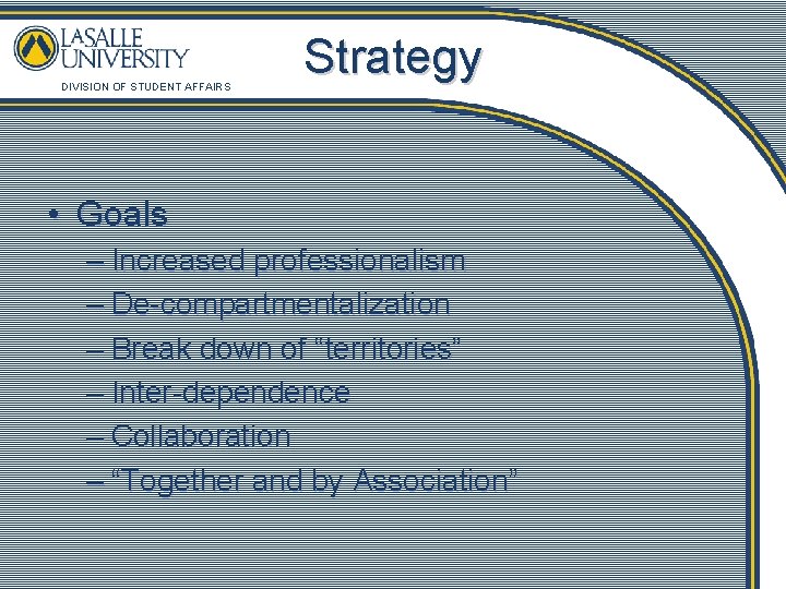 DIVISION OF STUDENT AFFAIRS Strategy • Goals – Increased professionalism – De-compartmentalization – Break