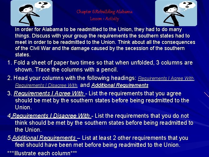 Chapter 6: Rebuilding Alabama Lesson 1 Activity In order for Alabama to be readmitted