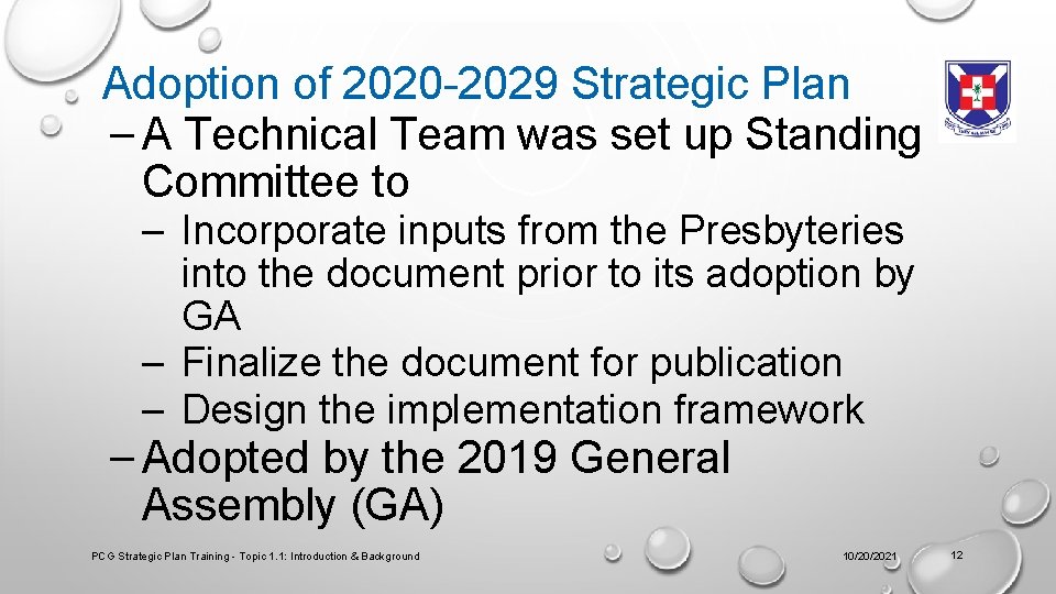 Adoption of 2020 -2029 Strategic Plan – A Technical Team was set up Standing