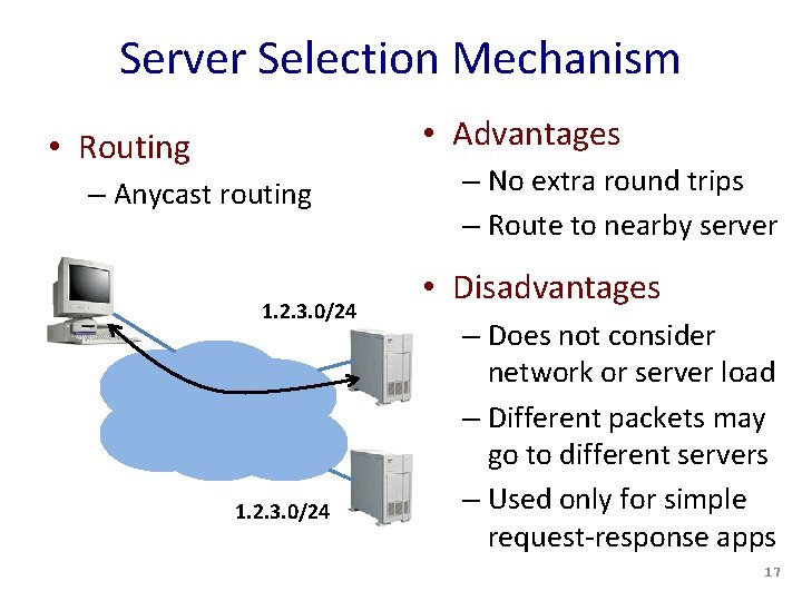 Server Selection Mechanism • Advantages • Routing – Anycast routing 1. 2. 3. 0/24