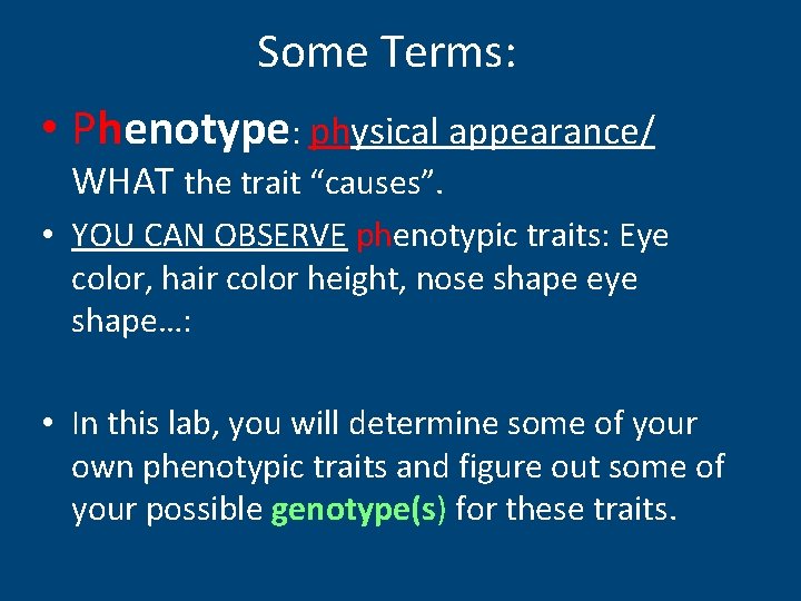 Some Terms: • Phenotype: physical appearance/ WHAT the trait “causes”. • YOU CAN OBSERVE