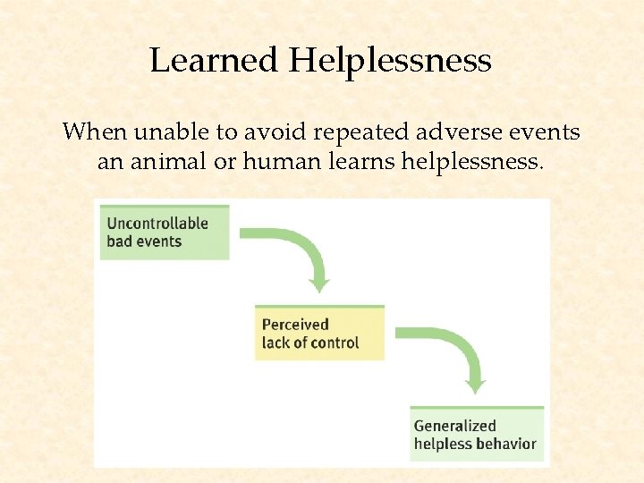 Learned Helplessness When unable to avoid repeated adverse events an animal or human learns