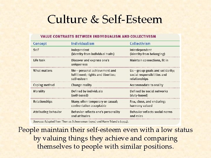 Culture & Self-Esteem People maintain their self-esteem even with a low status by valuing