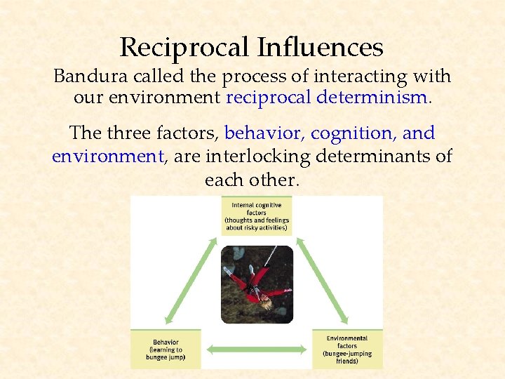 Reciprocal Influences Bandura called the process of interacting with our environment reciprocal determinism. The