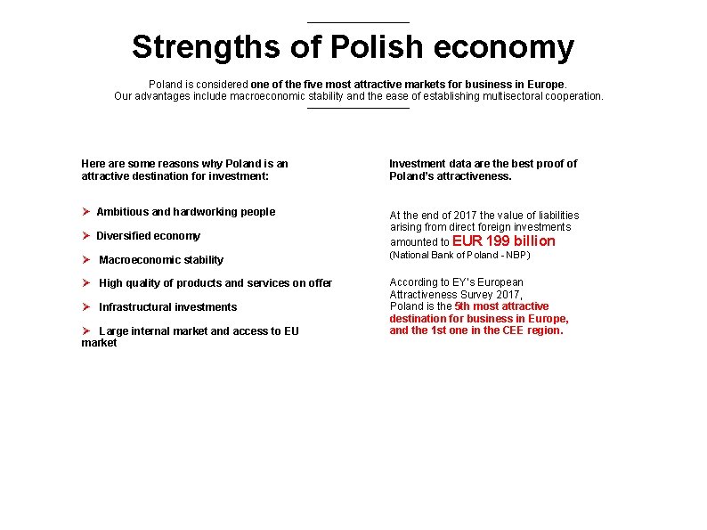 Strengths of Polish economy Poland is considered one of the five most attractive markets