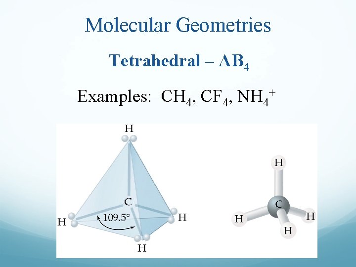 Molecular Geometries Tetrahedral – AB 4 Examples: CH 4, CF 4, NH 4+ 