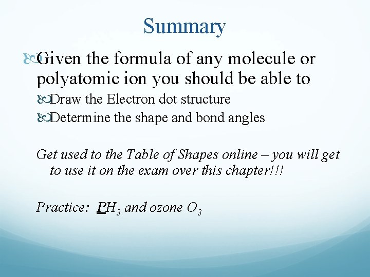 Summary Given the formula of any molecule or polyatomic ion you should be able