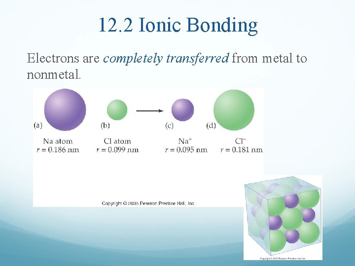 12. 2 Ionic Bonding Electrons are completely transferred from metal to nonmetal. 
