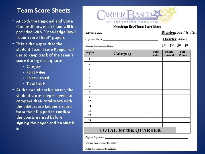 Team Score Sheets • At both the Regional and State Competitions, each team will