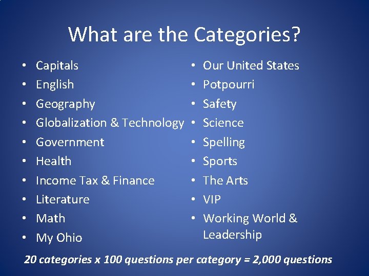 What are the Categories? • • • Capitals English Geography Globalization & Technology Government