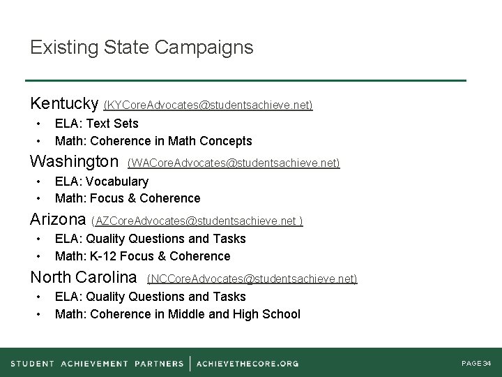 Existing State Campaigns Kentucky (KYCore. Advocates@studentsachieve. net) • • ELA: Text Sets Math: Coherence