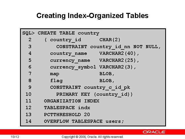 Creating Index-Organized Tables SQL> CREATE TABLE country 2 ( country_id CHAR(2) 3 CONSTRAINT country_id_nn Creating Index-Organized Tables SQL> CREATE TABLE country 2 ( country_id CHAR(2) 3 CONSTRAINT country_id_nn