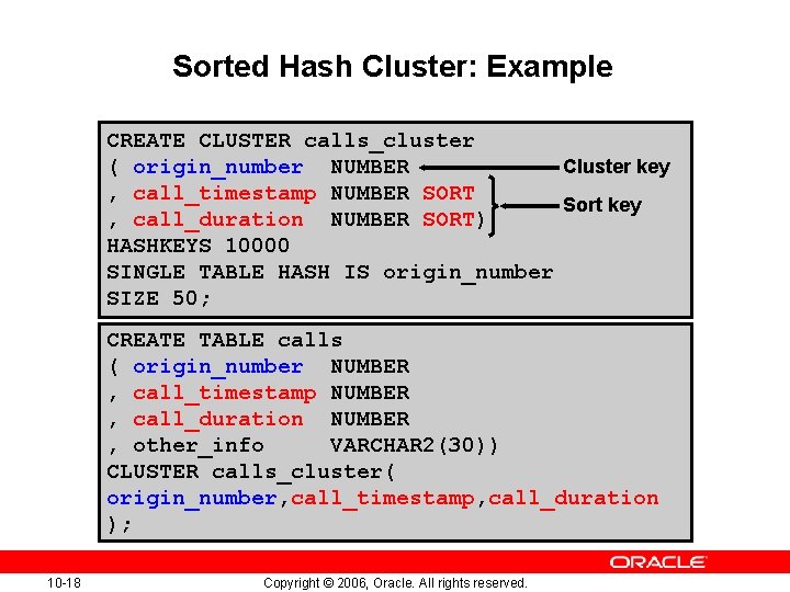 Sorted Hash Cluster: Example CREATE CLUSTER calls_cluster ( origin_number NUMBER Cluster key , call_timestamp Sorted Hash Cluster: Example CREATE CLUSTER calls_cluster ( origin_number NUMBER Cluster key , call_timestamp