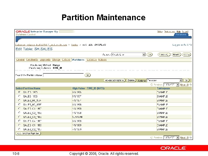 Partition Maintenance 10 -8 Copyright © 2006, Oracle. All rights reserved. Partition Maintenance 10 -8 Copyright © 2006, Oracle. All rights reserved.