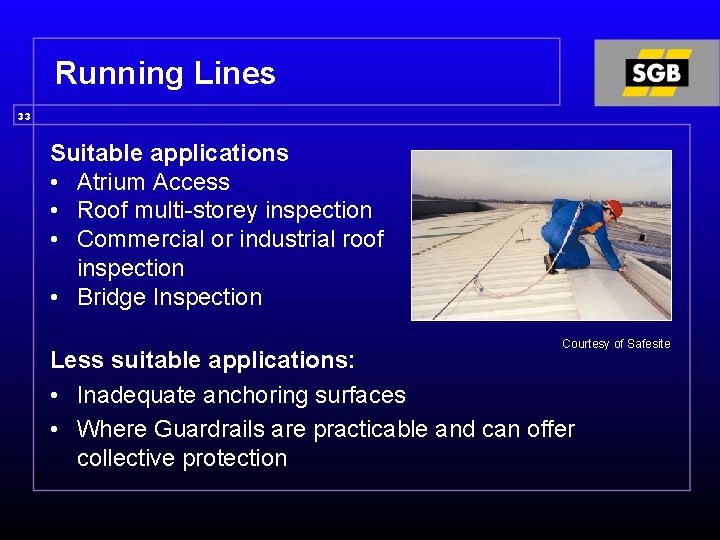 Running Lines 33 Suitable applications • Atrium Access • Roof multi-storey inspection • Commercial