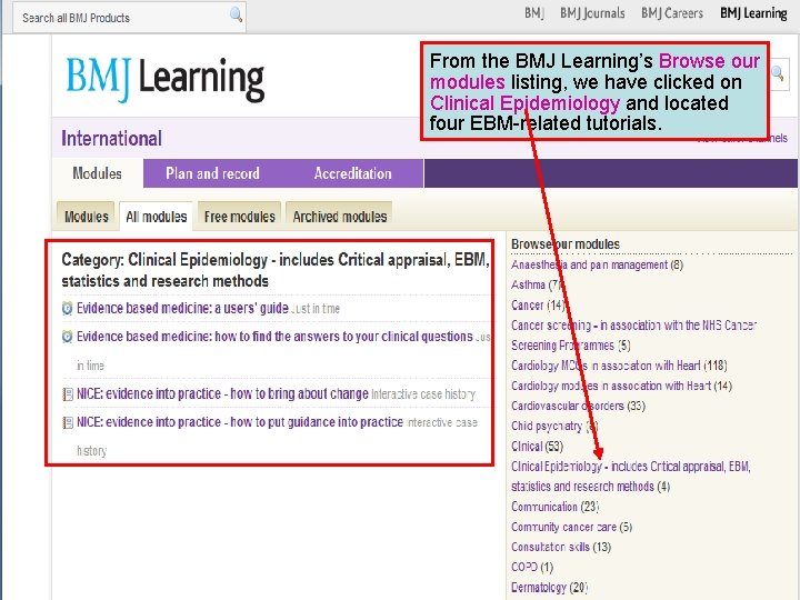 From the BMJ Learning’s Browse our modules listing, we have clicked on Clinical Epidemiology