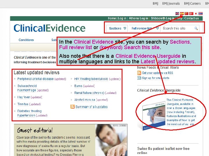 In the Clinical Evidence site, you can search by Sections, Full review list or