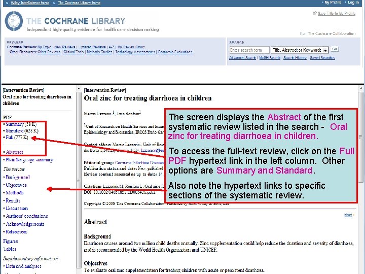 The screen displays the Abstract of the first systematic review listed in the search