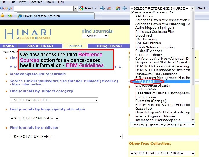 We now access the third Reference Sources option for evidence-based health information - EBM