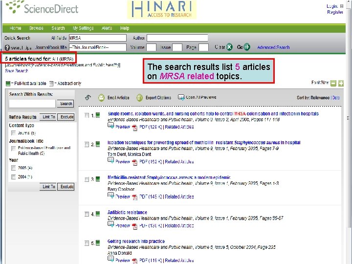 The search results list 5 articles on MRSA related topics. 
