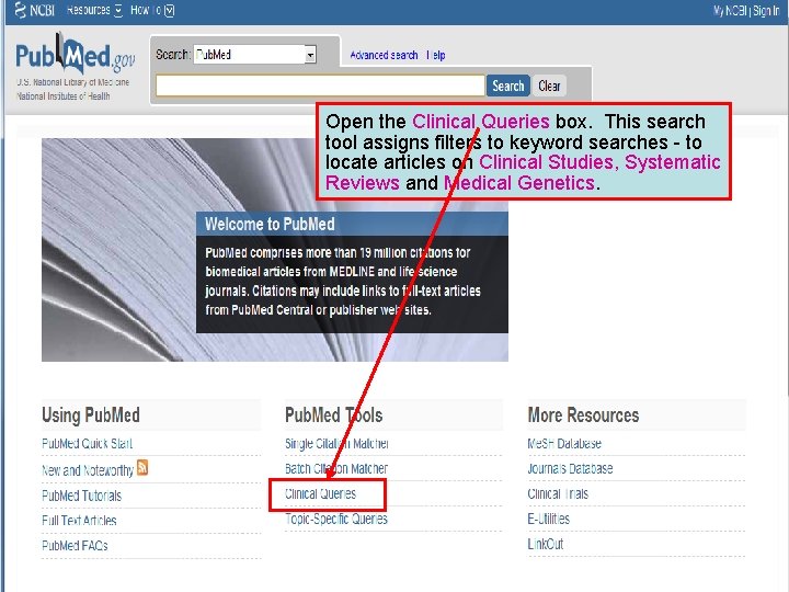 Open the Clinical Queries box. This search tool assigns filters to keyword searches -