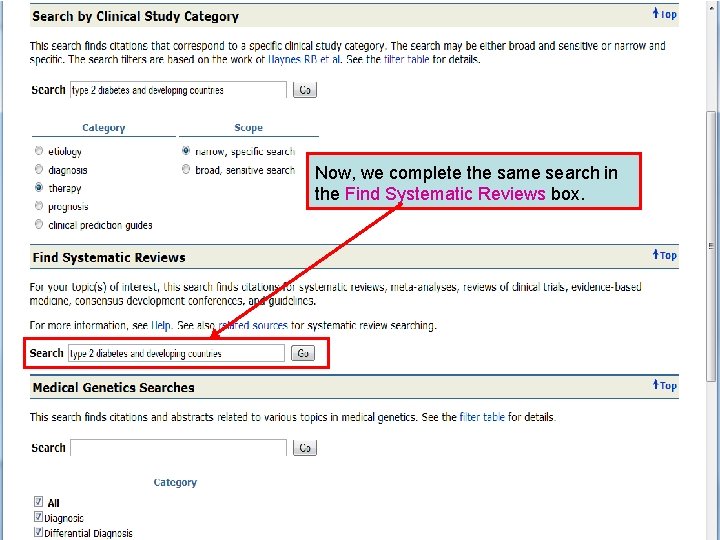 Now, we complete the same search in the Find Systematic Reviews box. 