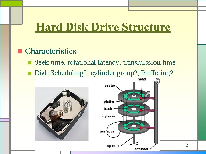 Hard Disk Drive Structure n Characteristics n n Seek time, rotational latency, transmission time