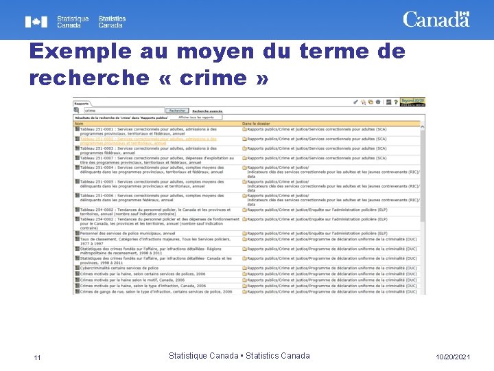 Exemple au moyen du terme de recherche « crime » 11 Statistique Canada •