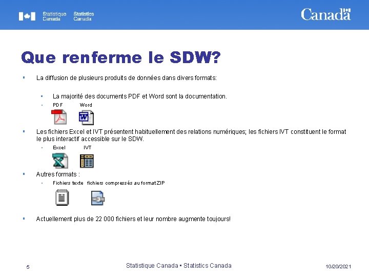 Que renferme le SDW? § La diffusion de plusieurs produits de données dans divers