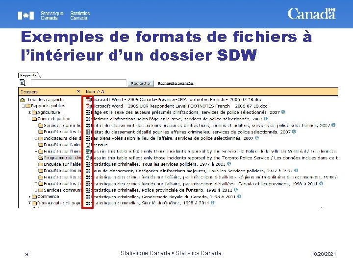 Exemples de formats de fichiers à l’intérieur d’un dossier SDW 9 Statistique Canada •