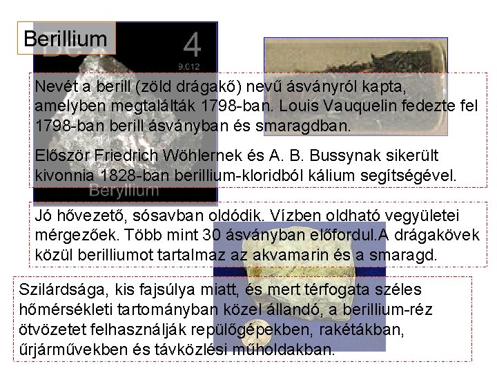 Berillium Nevét a berill (zöld drágakő) nevű ásványról kapta, amelyben megtalálták 1798 -ban. Louis