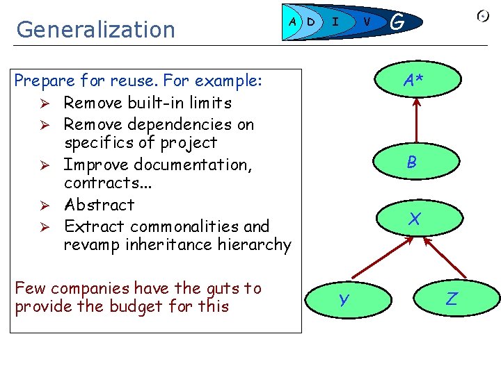 Generalization A D I G A* Prepare for reuse. For example: Ø Remove built-in