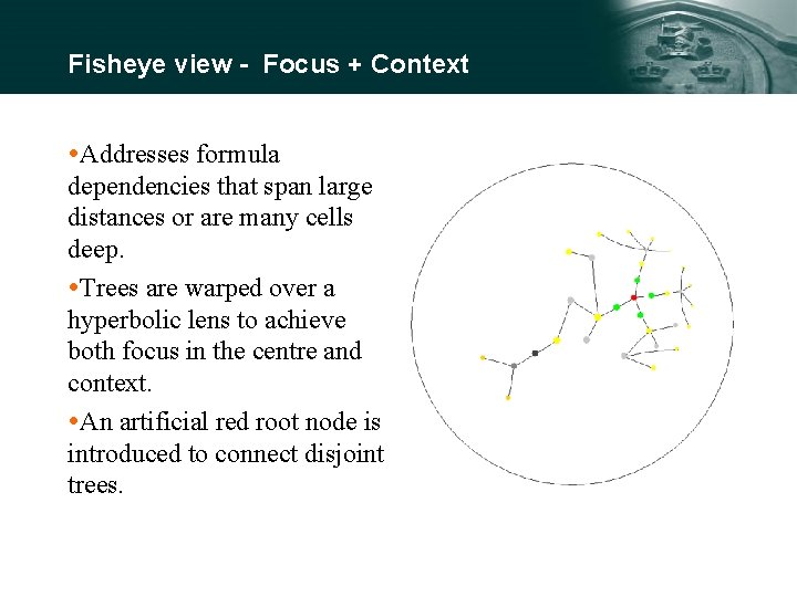 Fisheye view - Focus + Context Addresses formula dependencies that span large distances or