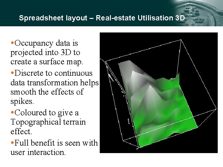 Spreadsheet layout – Real-estate Utilisation 3 D Occupancy data is projected into 3 D