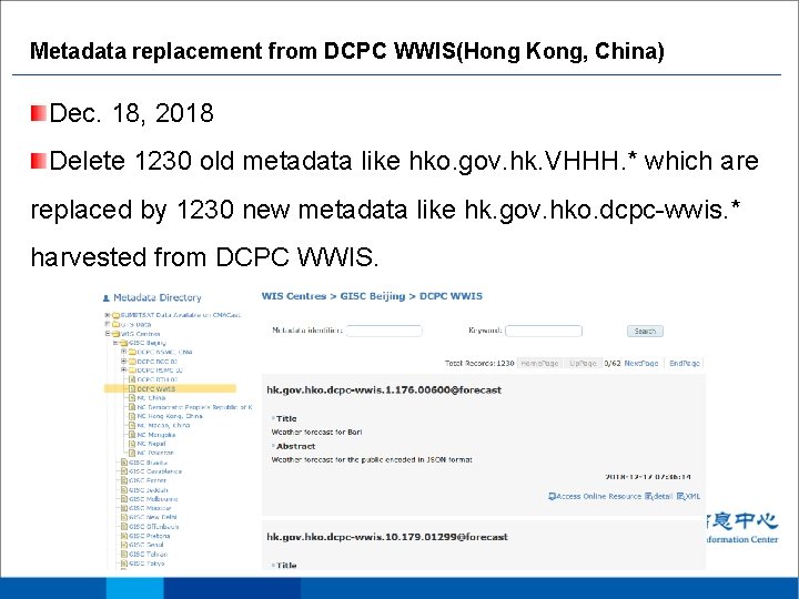 Metadata replacement from DCPC WWIS(Hong Kong, China) Dec. 18, 2018 Delete 1230 old metadata