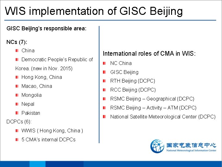 WIS implementation of GISC Beijing’s responsible area: NCs (7): China Democratic People’s Republic of