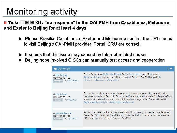 Monitoring activity Ticket #0000031: "no response" to the OAI-PMH from Casablanca, Melbourne and Exeter