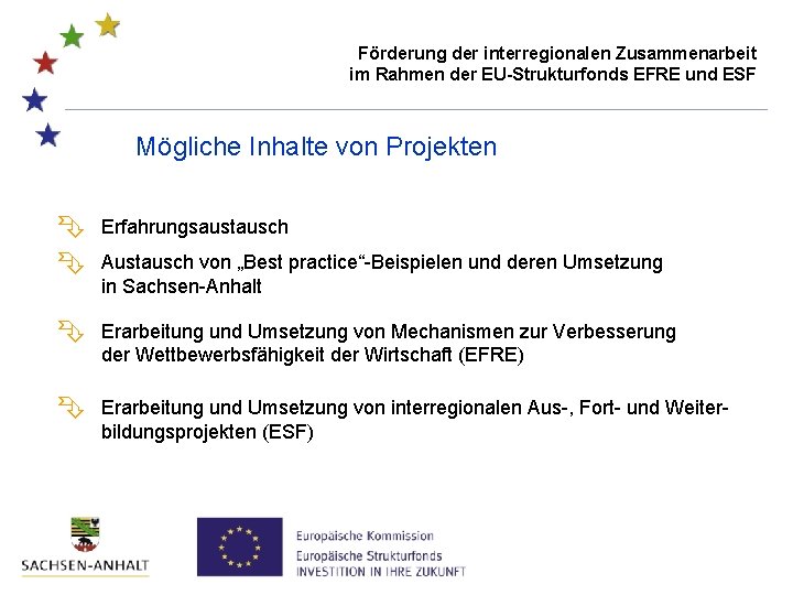 Förderung der interregionalen Zusammenarbeit im Rahmen der EU-Strukturfonds EFRE und ESF Mögliche Inhalte von