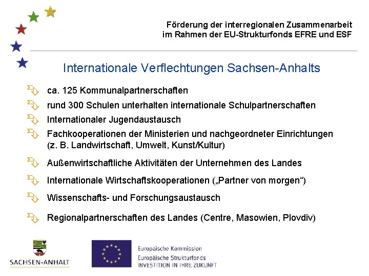 Förderung der interregionalen Zusammenarbeit im Rahmen der EU-Strukturfonds EFRE und ESF Internationale Verflechtungen Sachsen-Anhalts